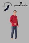 Erkek Bordo Uzun Kol Pamuklu Pijama Takımı 1 Çift Çorap Hediyeli