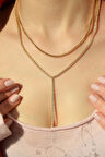 İki Sıralı Su Yolu Taşlı Uzun Zincir Kolye İnce Taşlı Işıltılı Dekolte Kolyesi