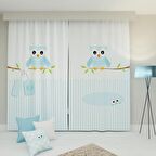 PAREDORA Mavi Baykuş Çift Kanat Fon Perde