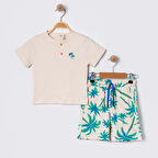 Erkek Çocuk Bej Basic Tişörtlü Palmiye Desenli Şortlu Takım