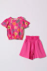 Kız Çocuk Pembe Çiçek Desenli  Şortlu Takım
