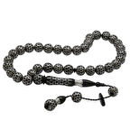 Özel Premium Kutulu Hitamesi Nakkaşiyeli Kumpas İşçilikli Yoğun Gümüş İşlemeli Küre Kesim Erzurum Oltu Taşı Tesbih