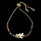 Zarif Kuş Motifli, Renkli Taşlı ve 14 Ayar Altın Plakalı A Harfli Bileklik