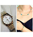 Reward Çelik Kordon Takvimli Şık Kadın Kol Saati+Nazarlıklı Set