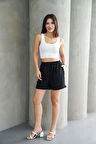 Kadın Siyah Beli Lastikli Keten Şort