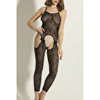 Siyah Çiçek Desenli Transparan Vücut Çorabı,seksi Uzun Tulum Fantazi İç Giyim