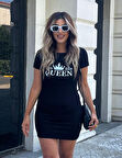 JANES Kadın Kısa Kollu Queen Baskı Iki Iplik Mini Elbise