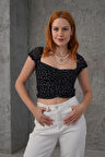 JANES Puantiyeli Belden Oturtmalı Tül Siyah Bluz