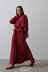 JANES Bel Detaylı Bluz Pileli Etek - Bordo