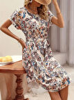 JANES Kadın Kısa Kollu Bisiklet Yaka çiçek Desenli Kuşaklı Süprem Midi Elbise