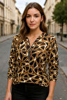 JANES Kadın Uzun Kollu Yuvarlak Yaka Fermuarlı Desenli şardonlu Bluz