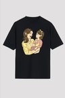 JANES Anneler Günü Hediye Anne Kız Temalı Baskılı Oversize Bisiklet Yaka T-shirt - Siyah