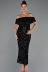 Kayık Yaka Midi Pul Payet Gece Elbisesi ABK2440
