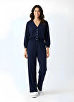 Beli Lastikli V Yaka Çıtçıtlı Ekstra Yumuşak Kumaş Lacivert Şık Gipeli Eşofman Takım