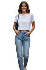Beyaz Bisiklet Yaka Basic Kısa Kollu Crop T-Shirt