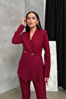 Kadın İkili Blazer Ceket Pantolon Takım Pile ve Düğme Detaylı Boru Paça