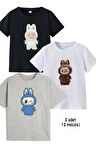 3lü Pamuk Penye Kız Erkek Unisex Çocuk Baskılı Tshirt Tişört 5 6 7 8 9 10 11 12 13 14 yaş Labubu