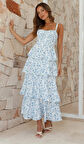 35 AVM Kadın Askılı Dekolteli Yırtmaç Detay çiçek Baskılı Süprem Midi Elbise