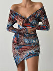 35 AVM Kadın Uzun Kollu V Yaka Leopar Etnik Desen Fırsat ürün Mini Kruvaze Elbise