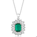 Gümüş Elmas Montür Zümrüt Taşlı Kadın Kolye