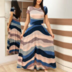 Aesco Kadın Kısa Kollu Bisiklet Yaka Puantiyeli Maksi örme Krep Elbise