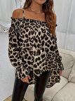 Aesco Kadın Ip Askılı Omuzlardan Açık Leopar Desenli Asimetrik Kesim Süprem Bluz