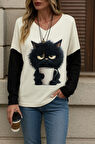 Aesco Kadın Uzun Kollu V Yakalı Kedi Baskılı şardonlu Dalgıç Bluz