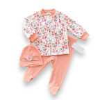3-6-9-12 Ay Çiçek Baskılı Şapkalı Çıtçıt Kapamalı Patikli 3lü Kız Bebek Takımı Somon