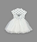 5-6-7 Yaş Payetli Kelebek Desenli Puantiyeli Kız Çocuk Elbisesi Beyaz