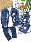 2-3-4-5 Yaş Düğme Kapamalı Kot Ceket 3lü Kız Çocuk Takımı Mavi