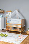 Ahşap Beşik Anne Yanı Beşik Vernikli 60x120 - Mavi Yıldız 1 Yastıklı Uyku Seti + Yataklı+Tekerlekli