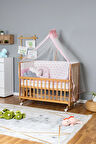 Ahşap Beşik Anne Yanı Beşik Vernikli 60x120 - Pembe Yıldız 3 Yastıklı Uyku Seti+Yataklı+Tekerlekli