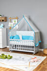Ahşap Beşik Anne Yanı Beşik Gri 60x120 - Mavi Balina Uyku Seti + Yataklı