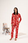 Estiva Kartanesi Desen Önden Düğmeli Süet Kadın Pijama Takım