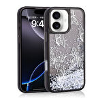 Apple iPhone 16 Kılıf Sıvılı Simli Kelebek Baskılı Şeffaf Arka Yüzey  Glis Silikon Kapak