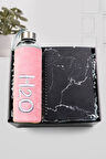 Mermer Desenli Defter & Peluş Kılıflı 600ml Pembe Renk Cam Matara Hediye Setleri