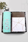 Beyaz Mermer Desenli Defter & Peluş Kılıflı 600ml Turkuaz Renk Cam Matara Hediye Seti