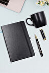 Siyah Defter & Gold Renk Karo Desen Siyah Roller Kalem & Siyah Mat Kupa Hediye Seti