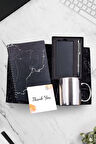 Mermer Desenli Defter & Siyah Powerbank & Metalik Tükenmez Kalem & Gümüş Kupa Hediye Seti