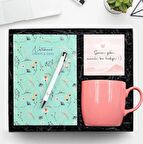 Yeşil Çiçek Desenli Defter & Beyaz Tükenmez Kalem & Pembe Kupa Hediye Seti