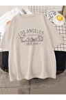 Unisex Bej Los Angeles Baskılı Oversize T-shirt