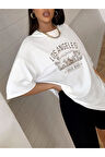 Unisex Beyaz Los Angeles Baskılı Oversize T-shirt
