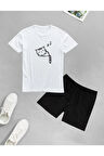 Orcanavm Unisex Kedi Baskılı Şort-t-shirt Takımı