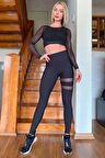 Tek Bacakta Tül Detaylı Ekstra Yüksek Bel Siyah Spor Tayt lsm