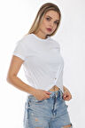 Göbeği Bağlamalı Dekolte Beyaz Tişört