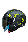 Motosiklet Yarım Kask Siyah Vizör R22.06 Sertifika Fiber Material Neon Camo  Motor Kaskı