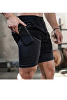 Makiteks Sporcu Şortu, Alt Siyah Tayt Görünümlü Çok Cepli Taytlı Spor Şortu