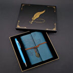 Metal Kalem Mavi Deri Defter Dekoratif Hediyelik