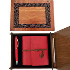 Ahşap Kutulu Kırmızı Deri Defter Metal Kalem Set