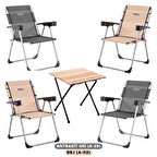 4 Adet Katlanır Kamp Sandalyesi ve Masa Seti - Rock - Bej/Antrasit - Bardaklıklı - 140 KG